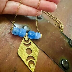 Blue Tourmaline Crystal Moon Phase Pendant Necklace Handmade